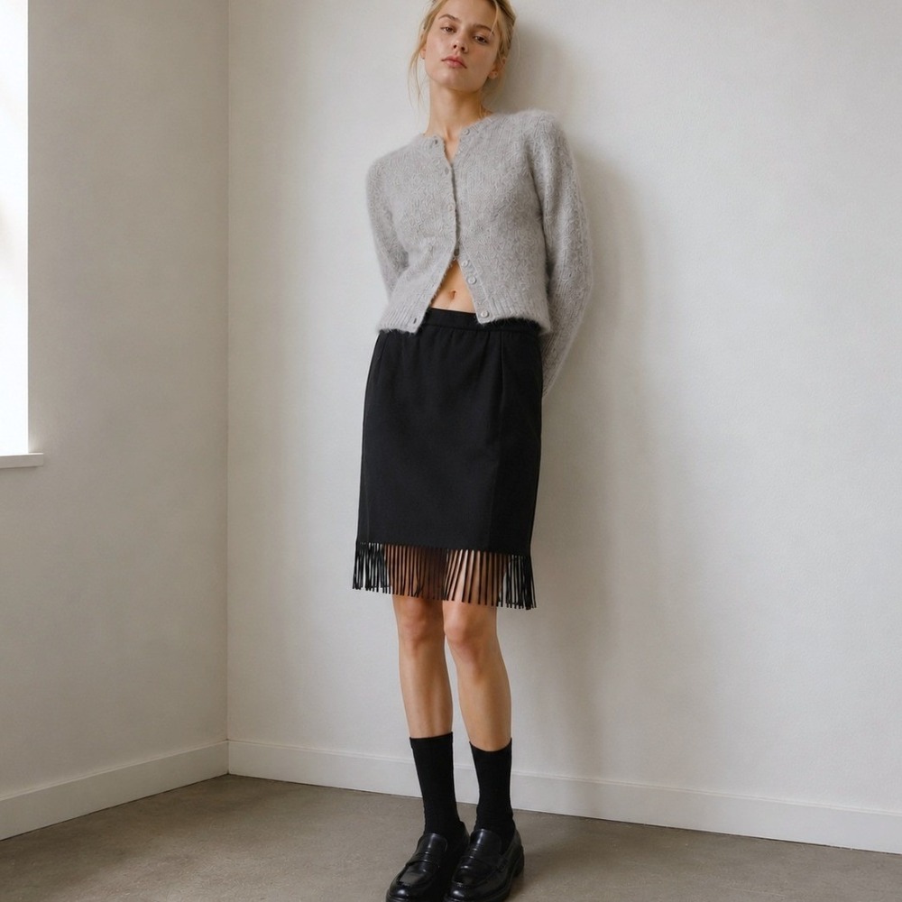 Vintage 1990s Wool Cashmere Skirt Fringe Wrap 8 Black Quiet Luxury Minimalist